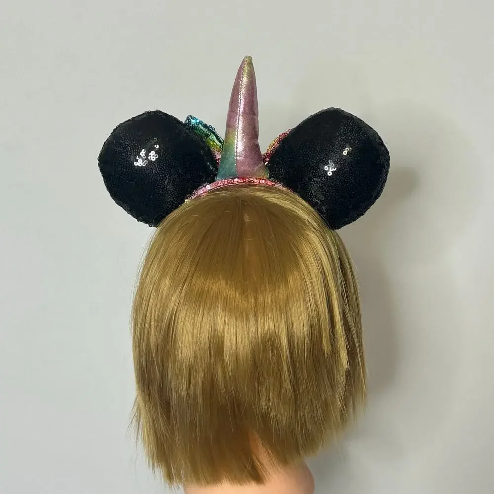 Disney Unicorn Minnie Mouse Ears Rainbow Sequin Bow Pink Horn Headband